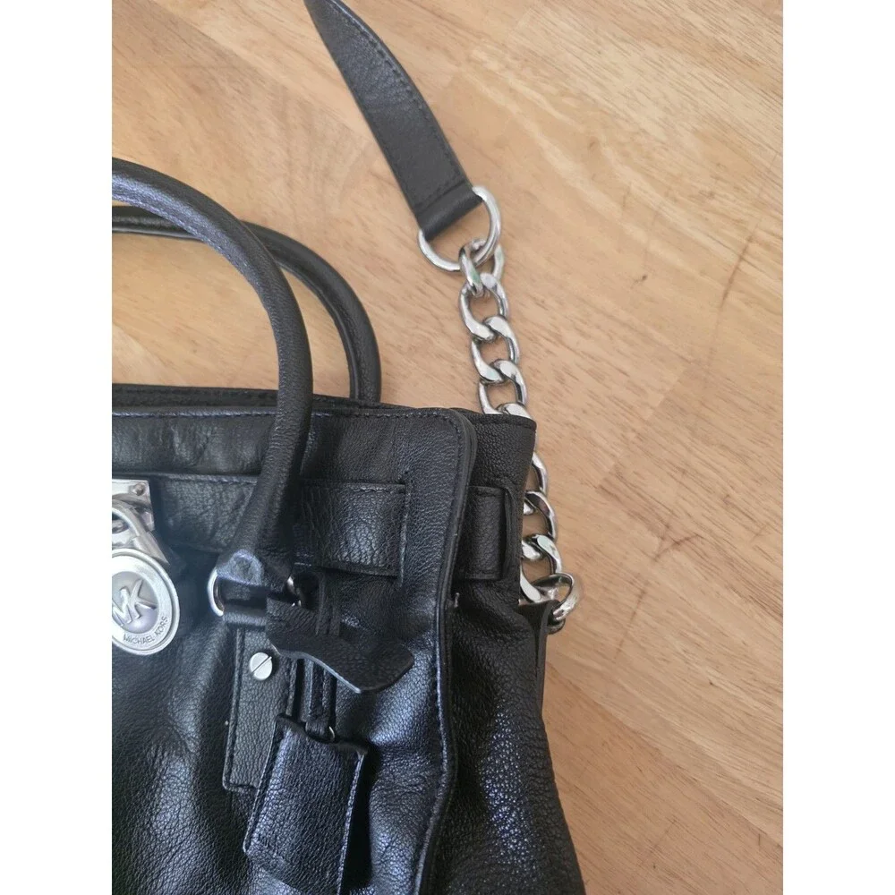 Michael Kors Black Satchel Top Handle Bag w/ Silver Lock, Chain Strap Leather